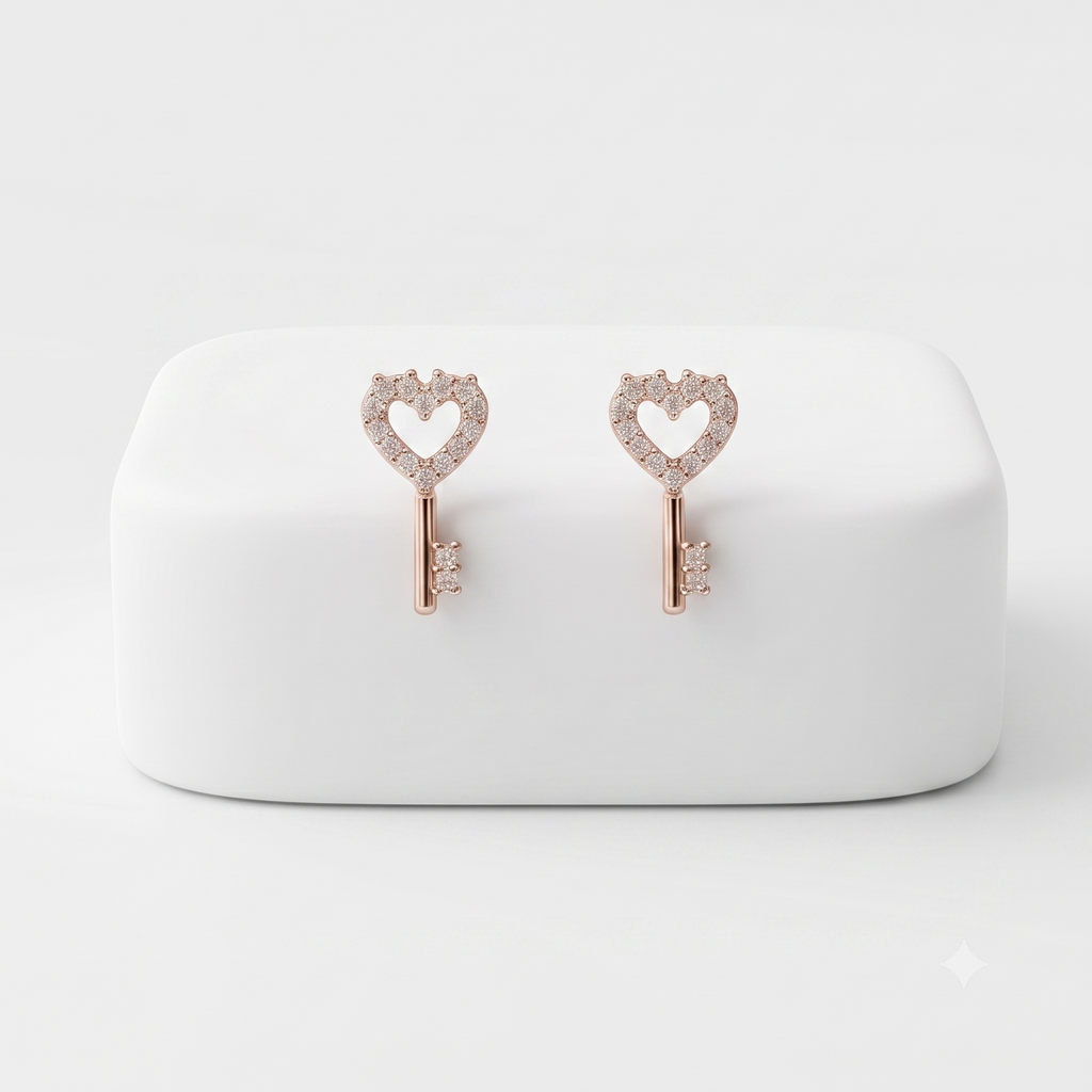 Rose Gold Heart Key Crystal Stud Earrings