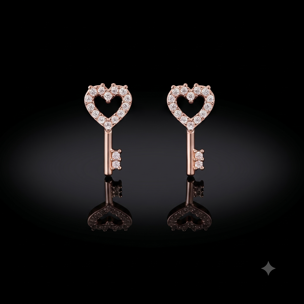 Rose Gold Heart Key Crystal Stud Earrings