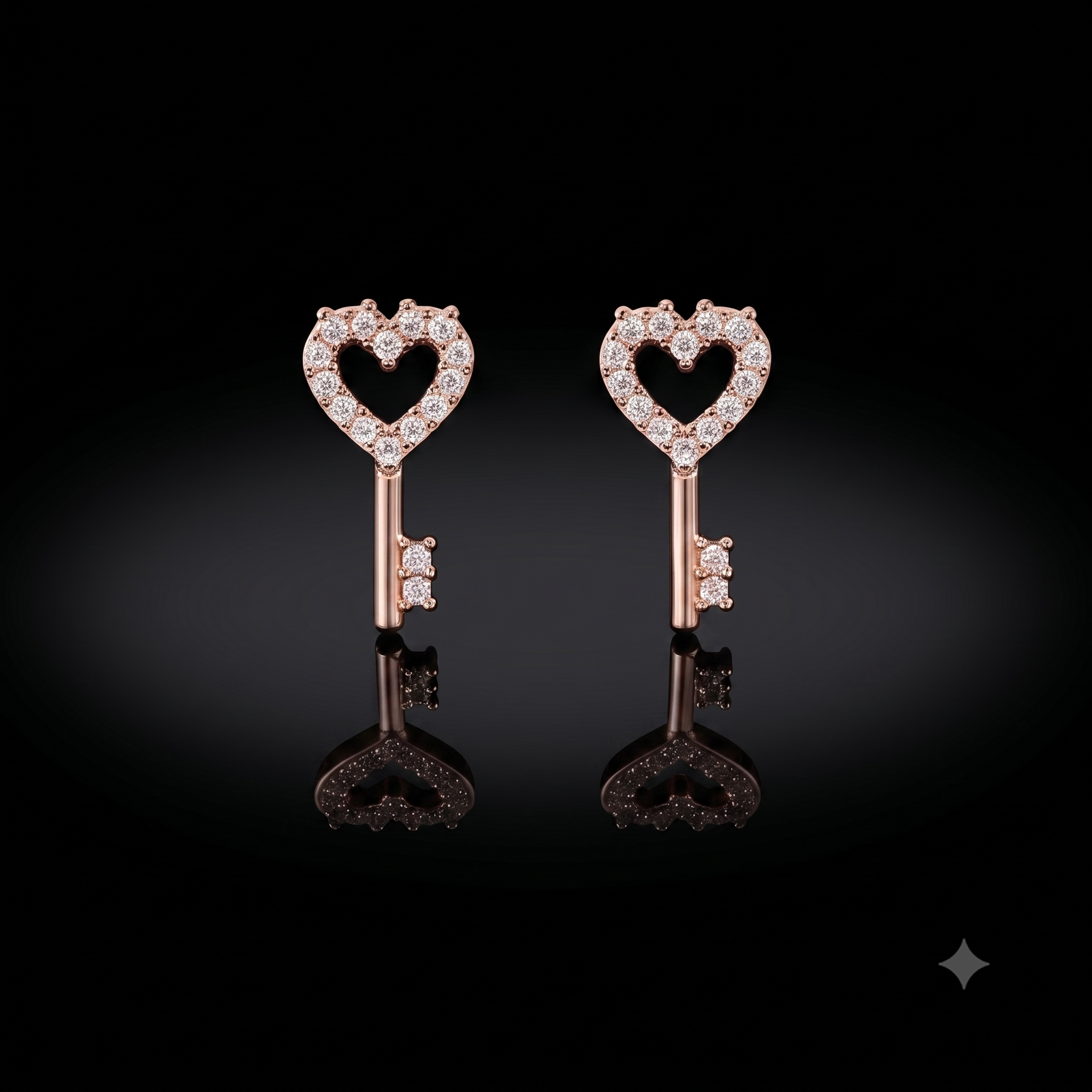 Rose Gold Heart Key Crystal Stud Earrings
