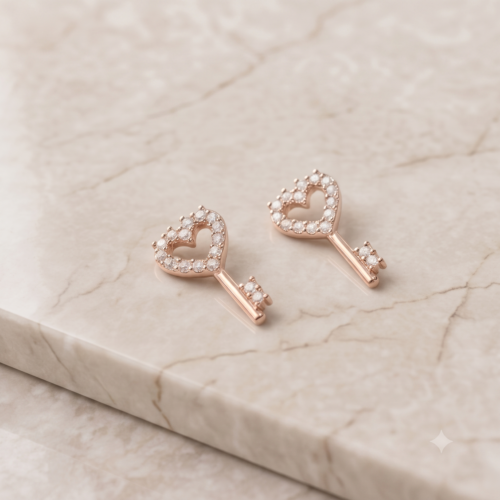 Rose Gold Heart Key Crystal Stud Earrings