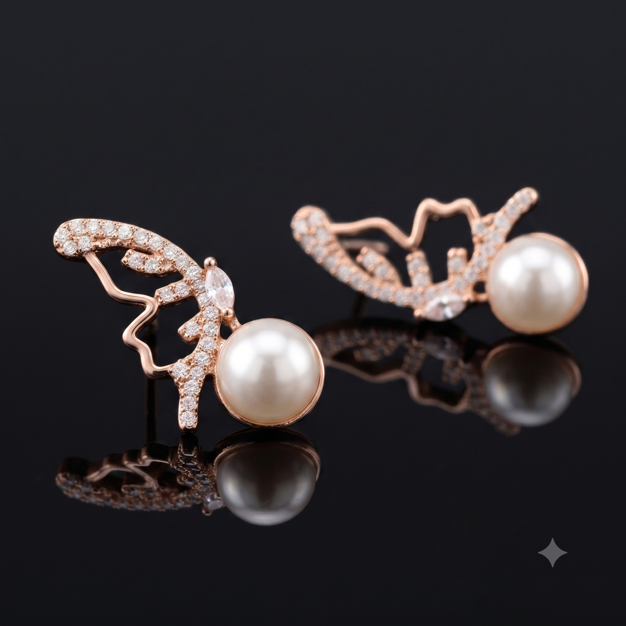 Rose Gold Butterfly Pearl Earrings