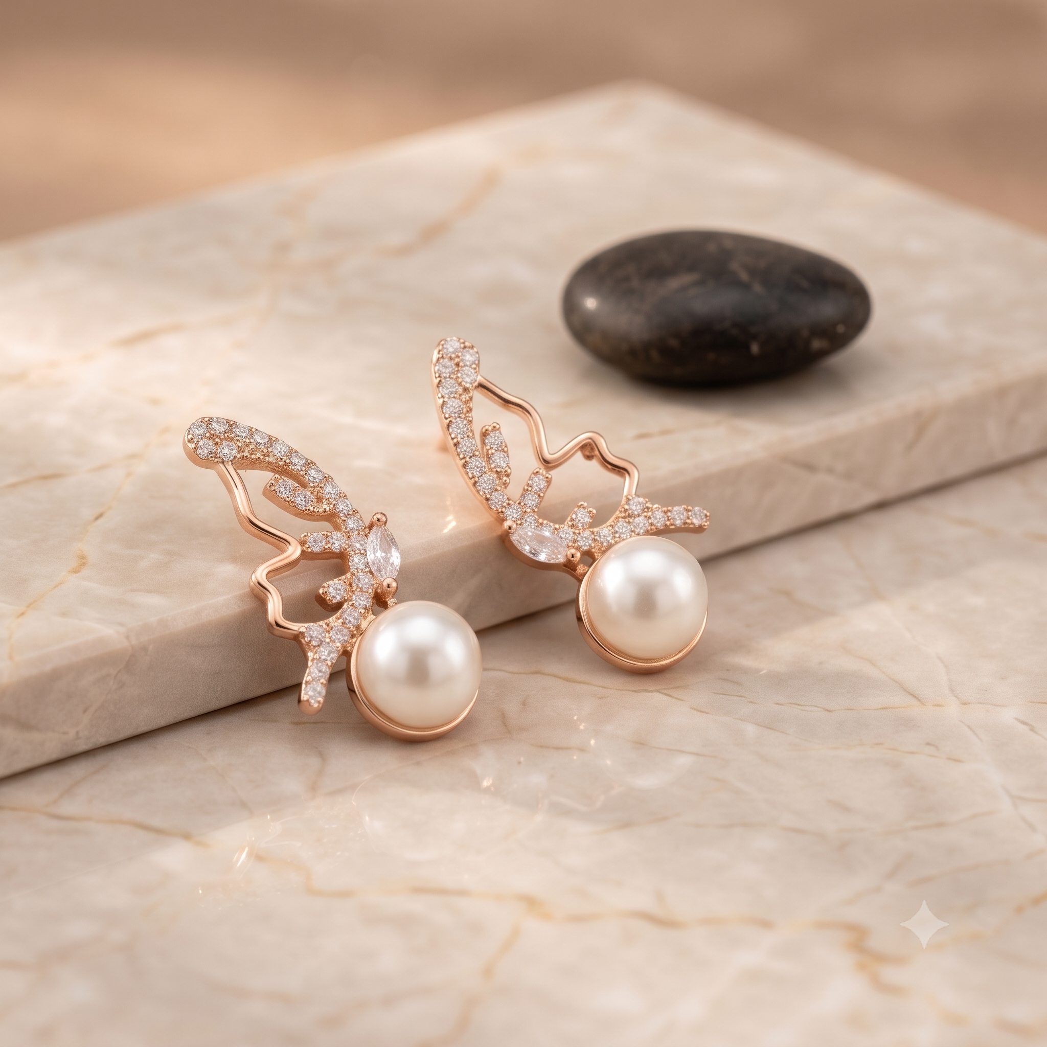 Rose Gold Butterfly Pearl Earrings