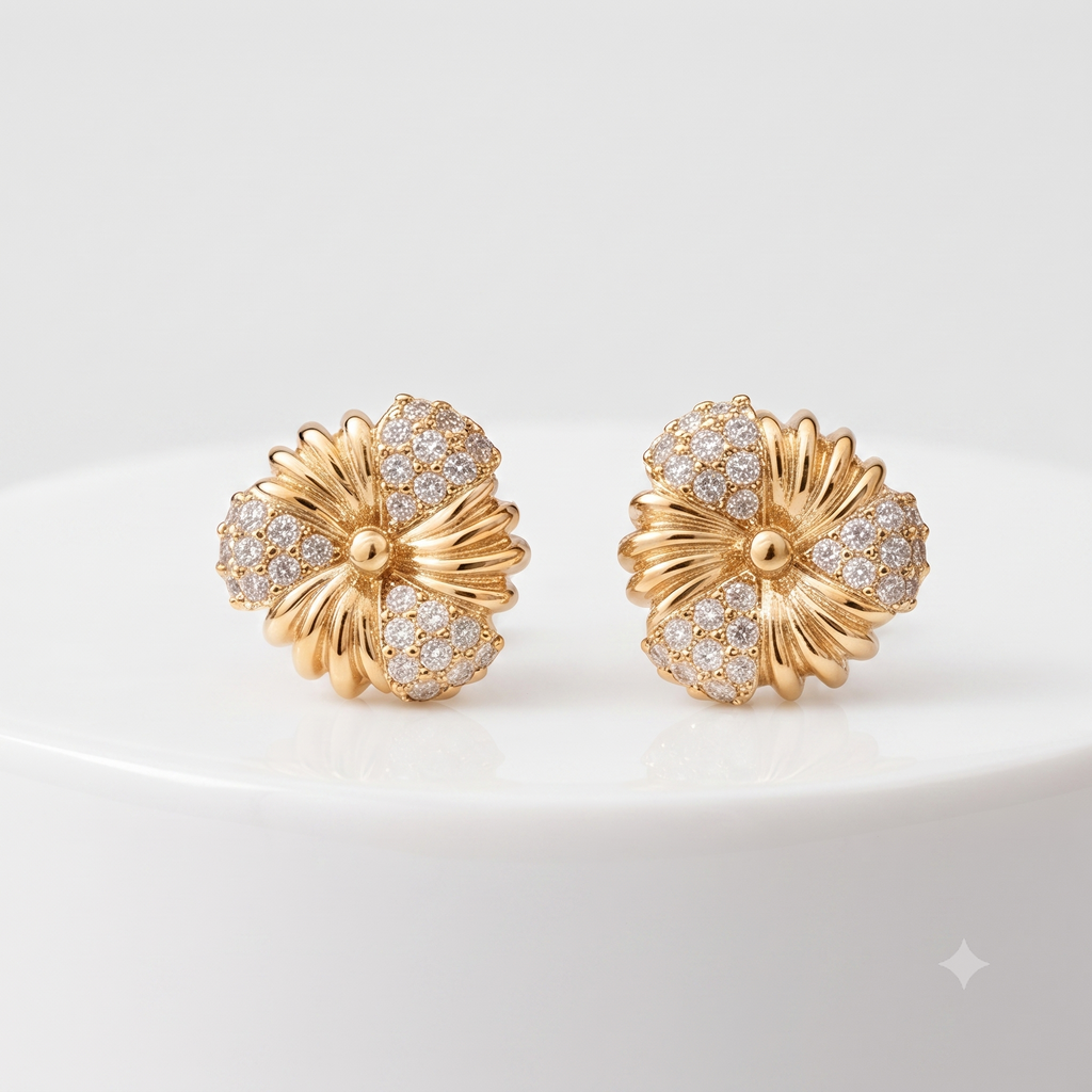 Gold Floral Stud Earrings – Crystal Encrusted Elegance