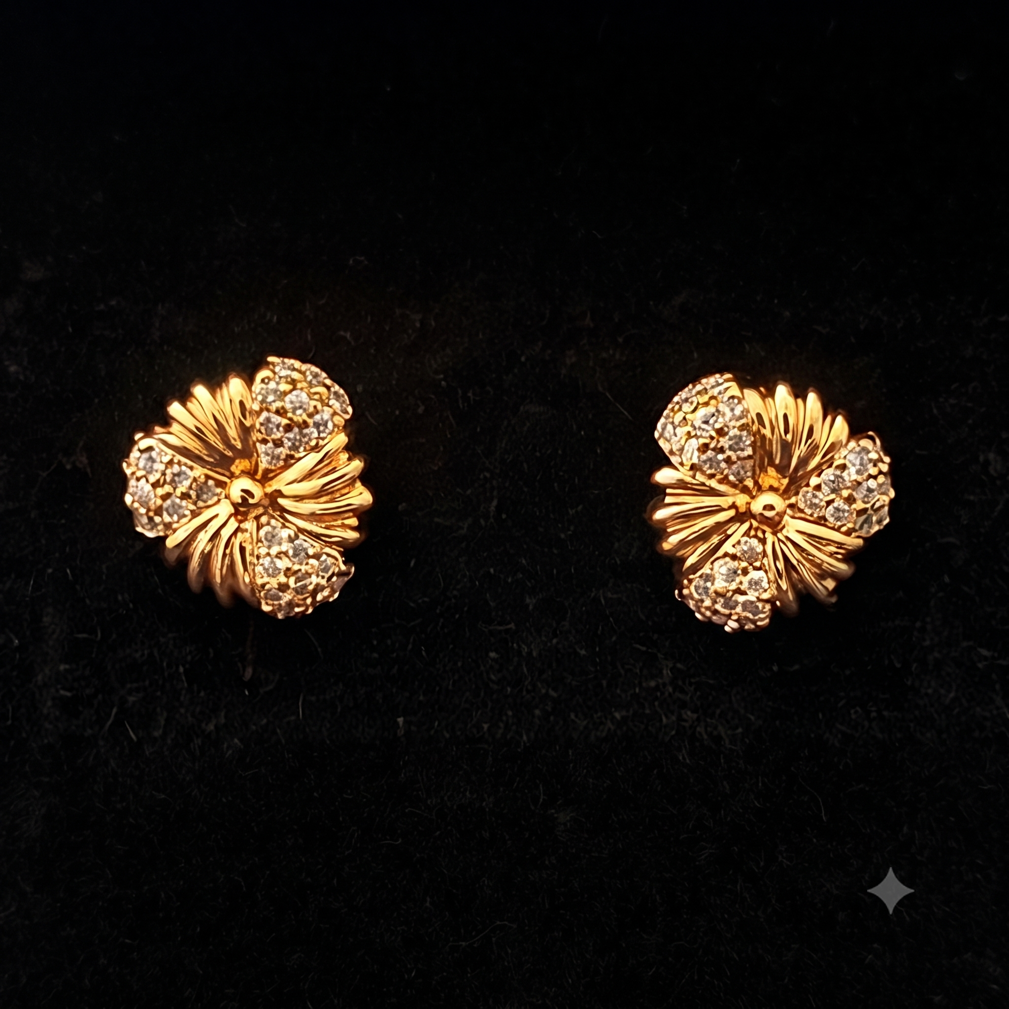 Gold Floral Stud Earrings – Crystal Encrusted Elegance