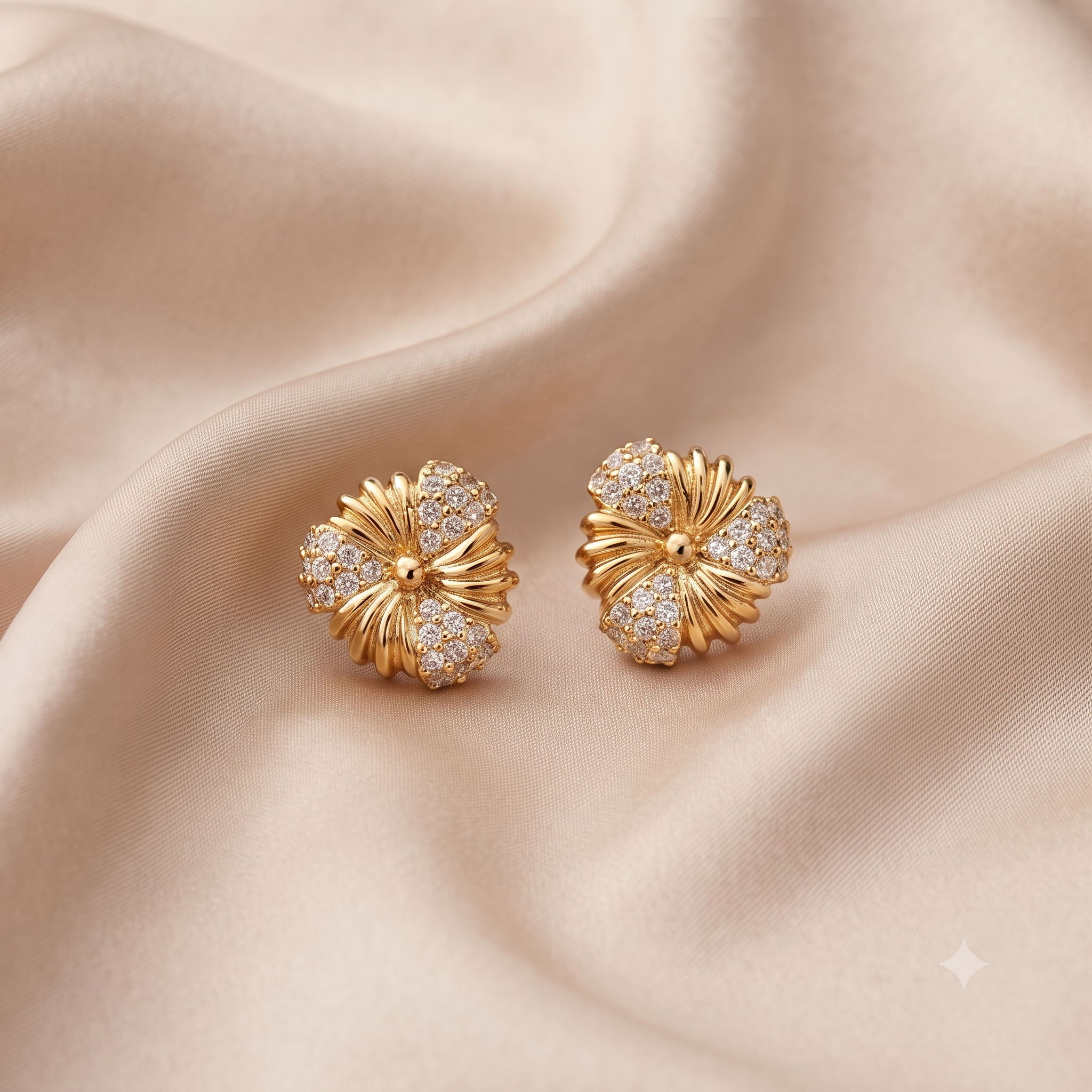 Gold Floral Stud Earrings – Crystal Encrusted Elegance