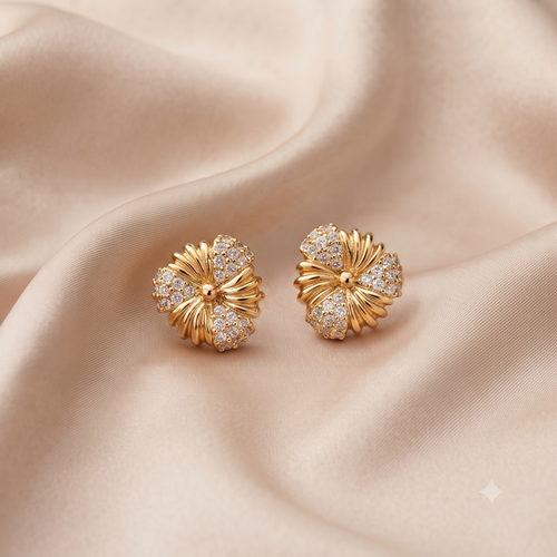 Gold Floral Stud Earrings – Crystal Encrusted Elegance