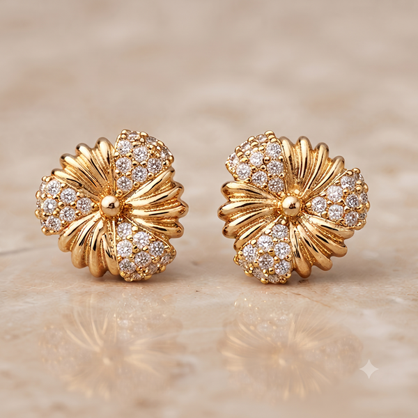Gold Floral Stud Earrings – Crystal Encrusted Elegance