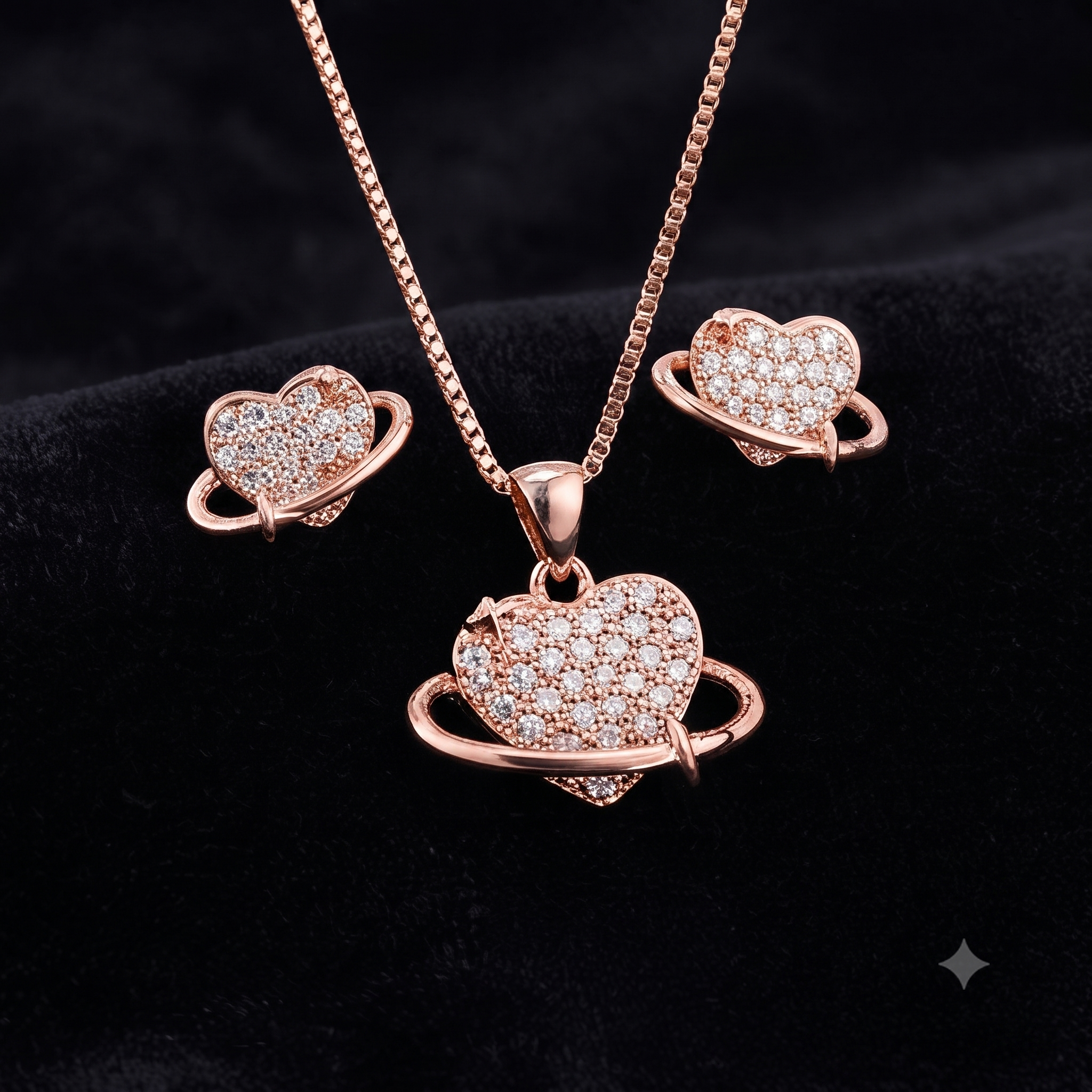 Rose Gold Stone Studded Heart Pendant Set