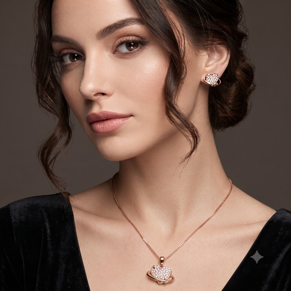 Rose Gold Stone Studded Heart Pendant Set