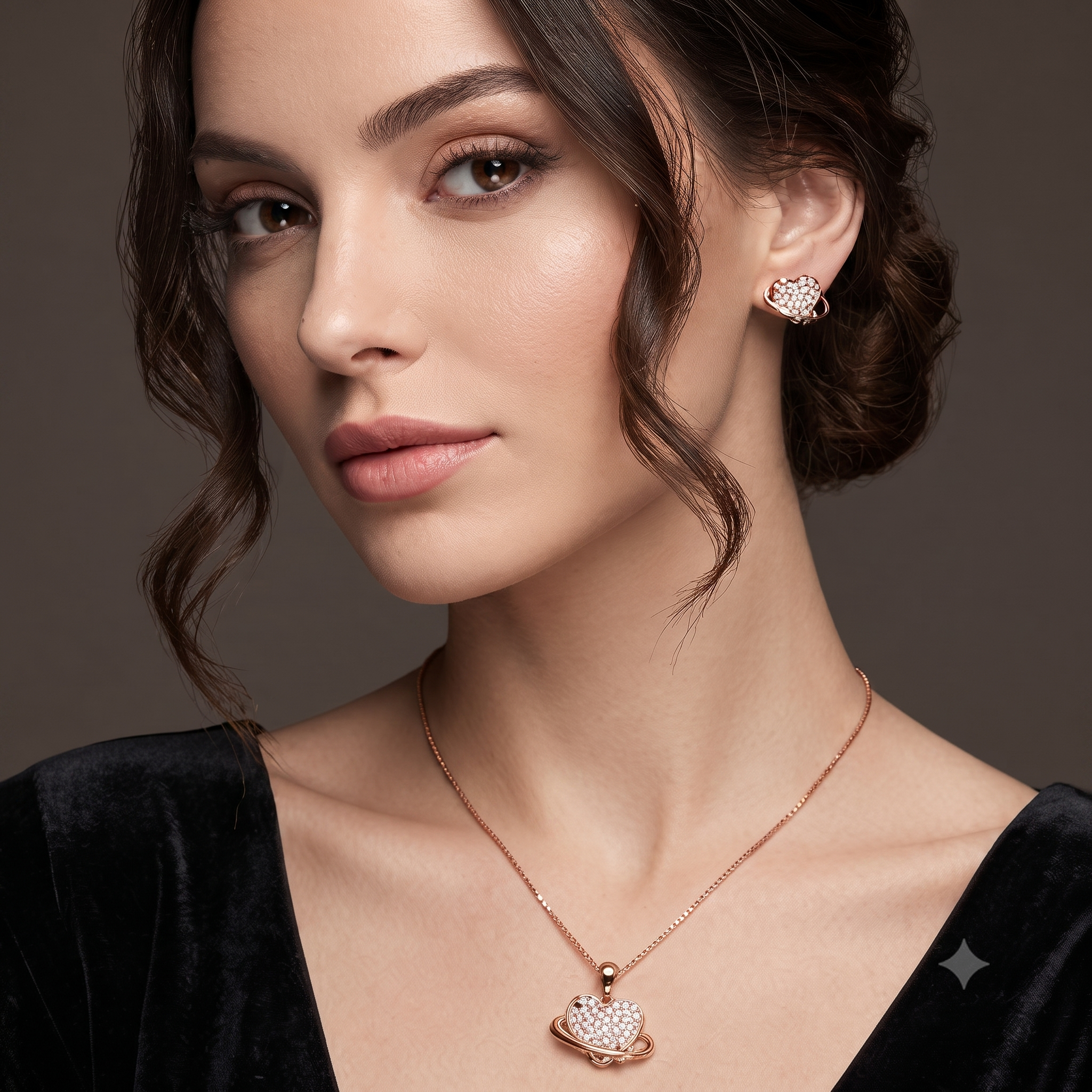 Rose Gold Stone Studded Heart Pendant Set