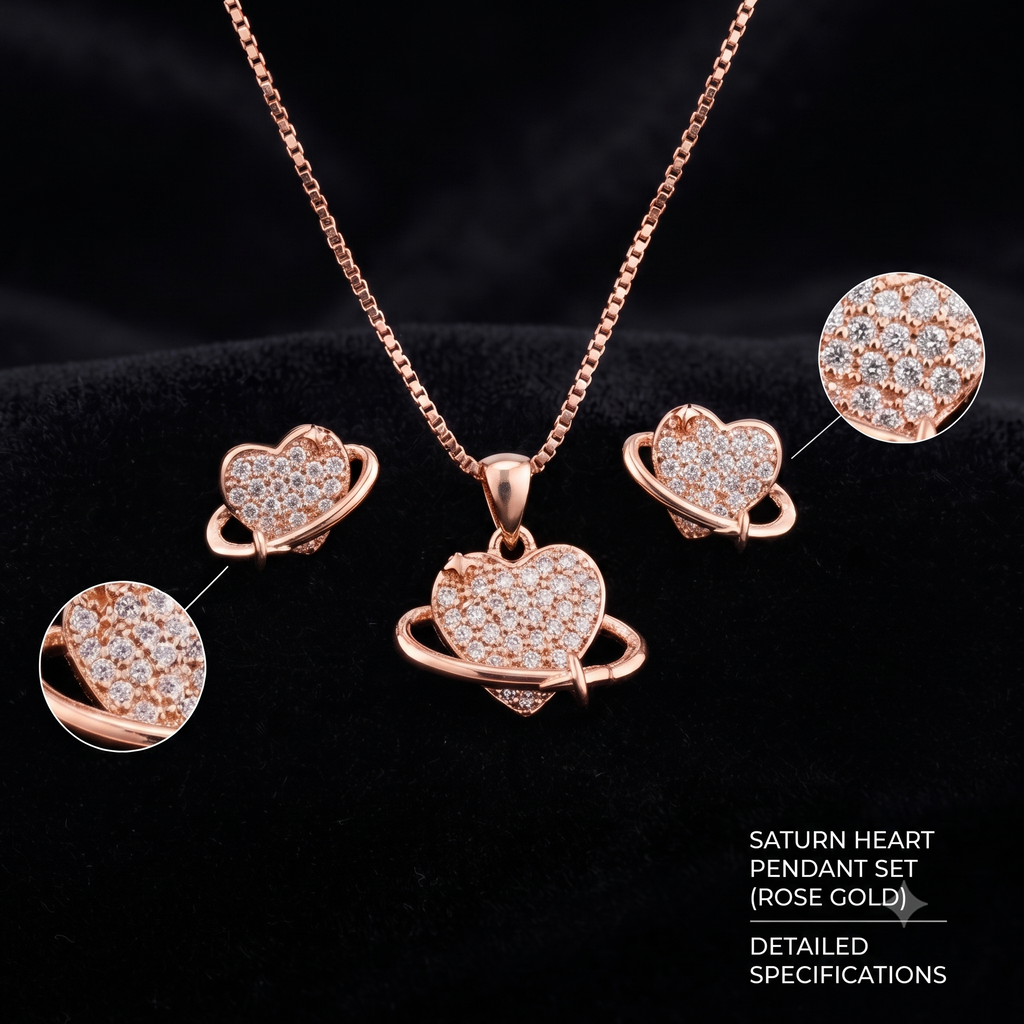 Rose Gold Stone Studded Heart Pendant Set