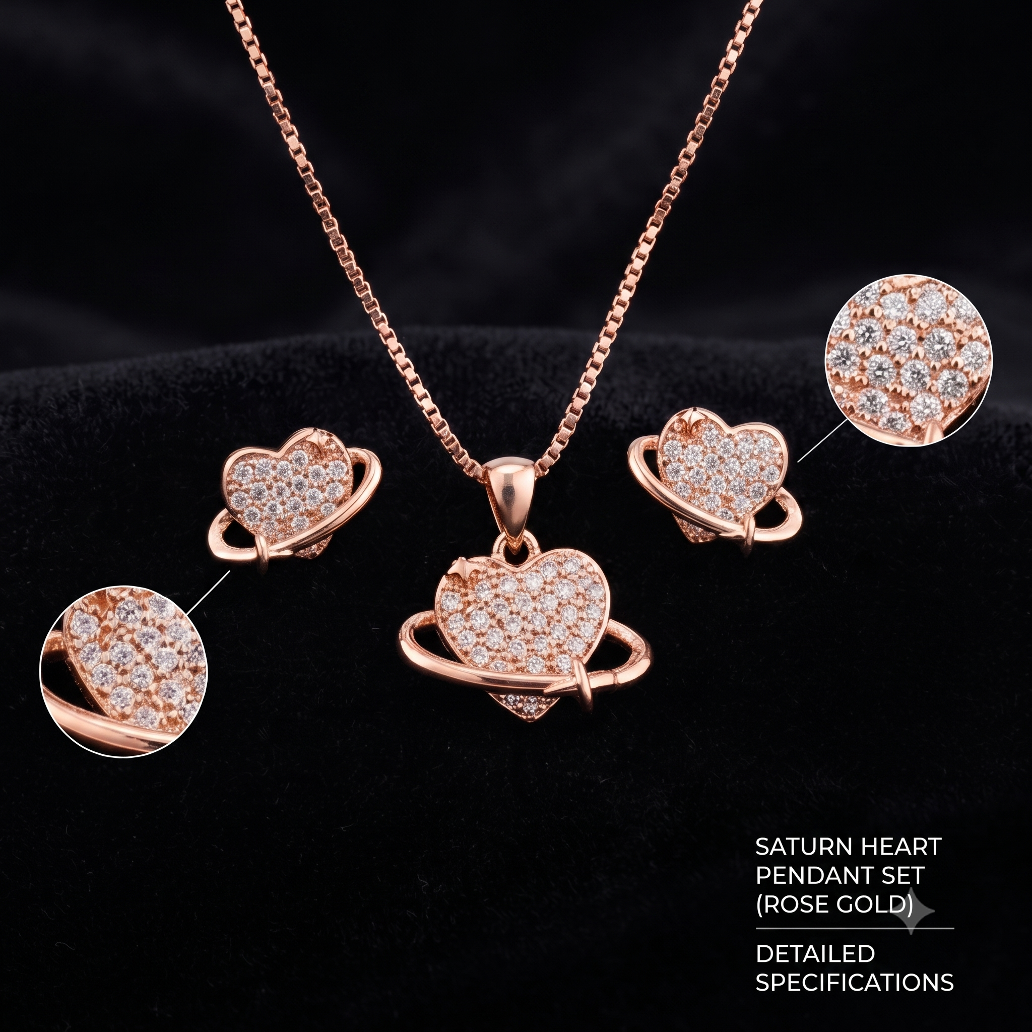Rose Gold Stone Studded Heart Pendant Set