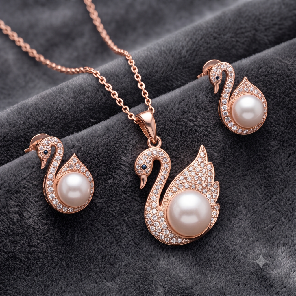 Graceful Swan Rose Gold Pearl Jewelry Set