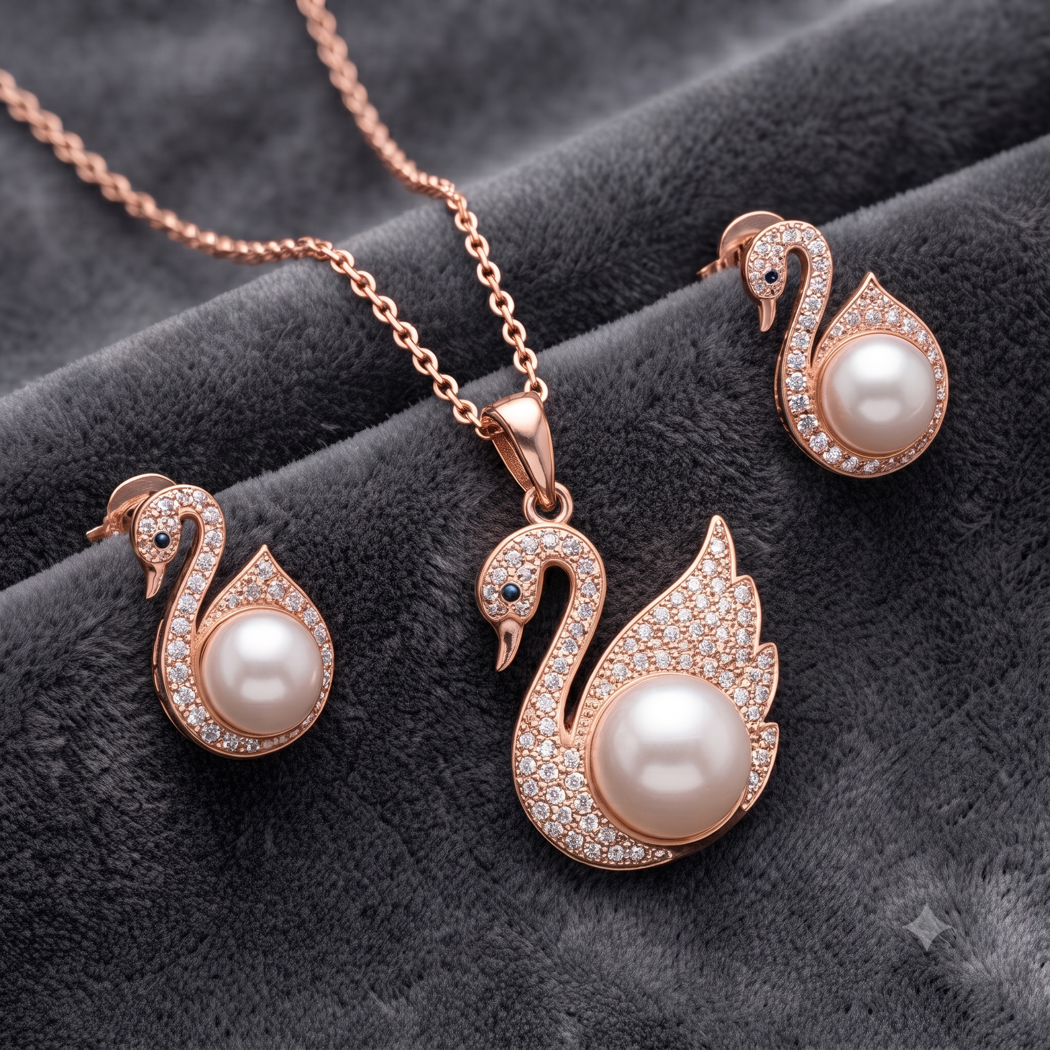 Graceful Swan Rose Gold Pearl Jewelry Set