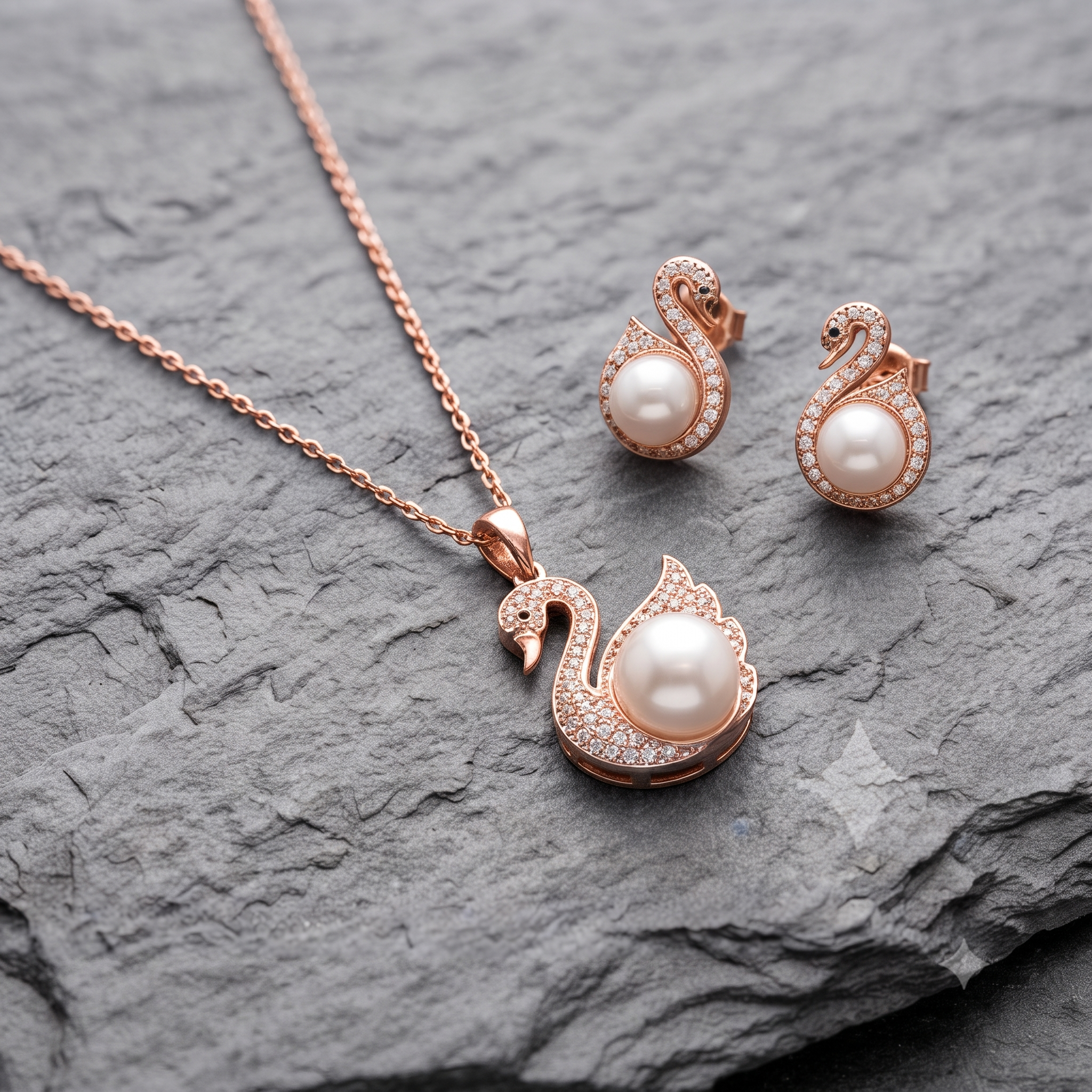 Graceful Swan Rose Gold Pearl Jewelry Set